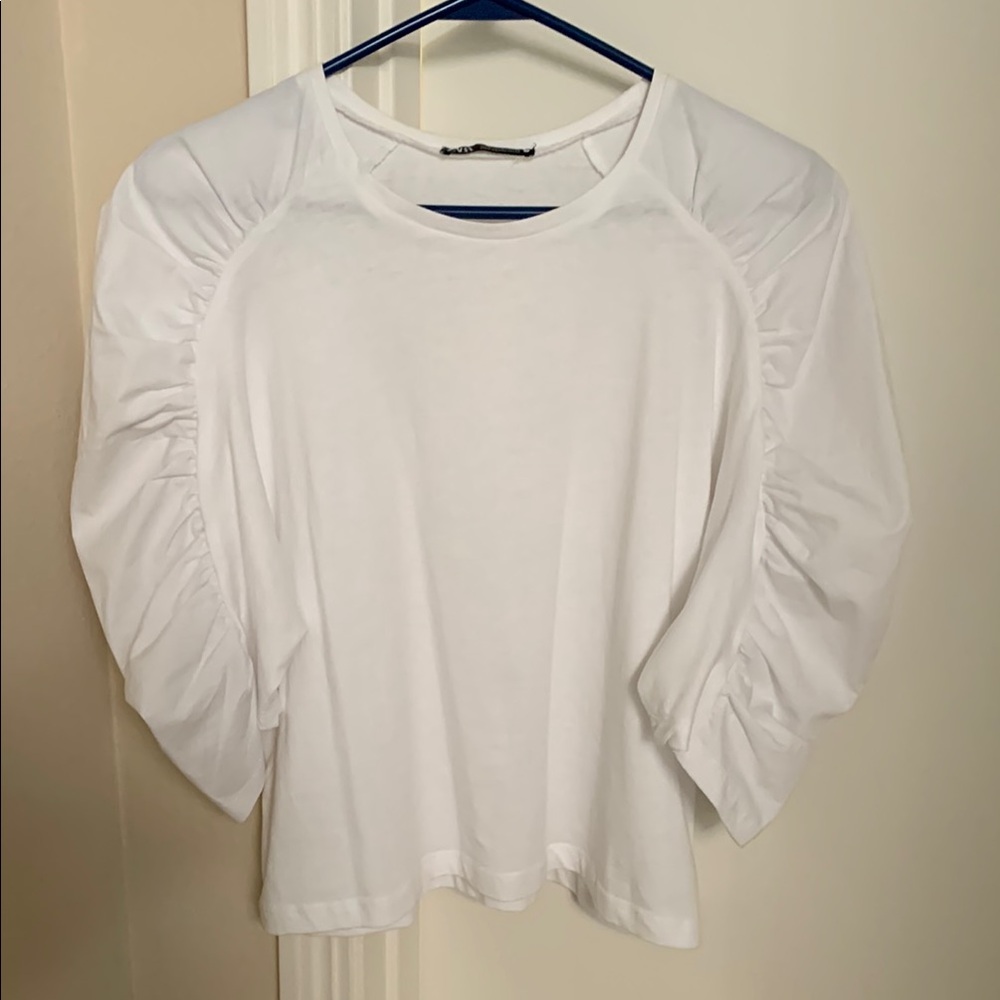 Zara White Ruched Puff Sleeve Long Sleeve Top